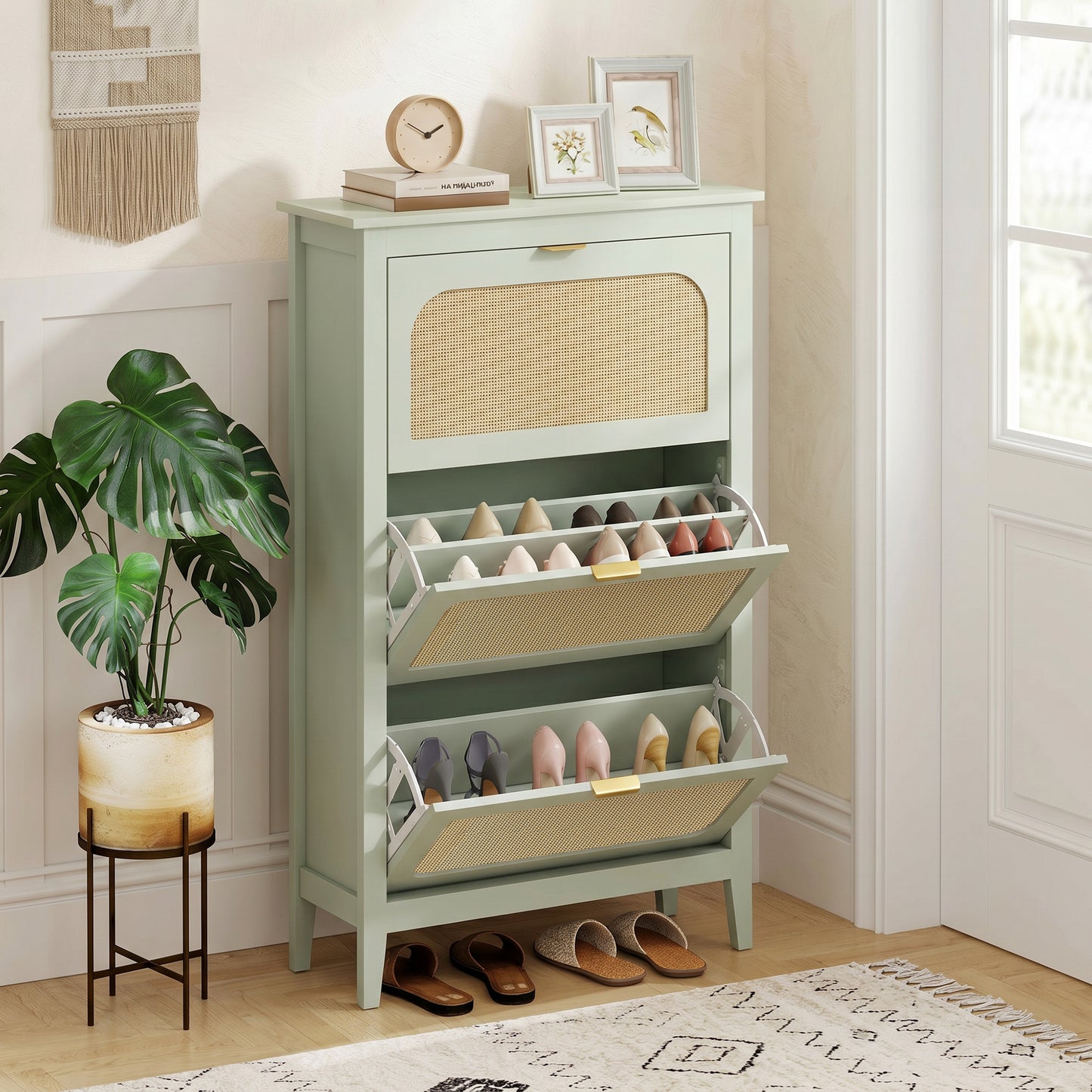 Narrow Shoe Cabinet, Boho Slim Shoe Storage Cabinet with 3 Flip Drawers, Holds 21 Pairs, Light Green