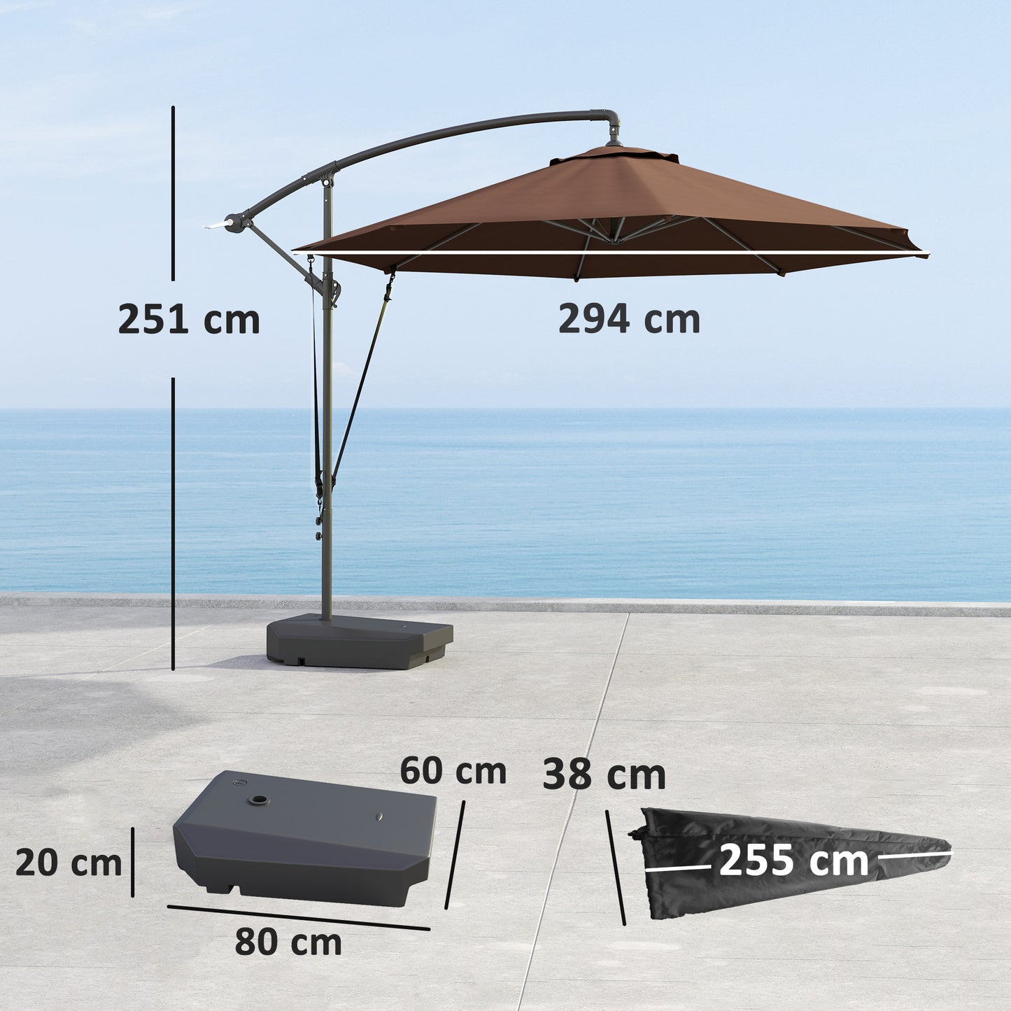 3(m) Garden Cantilever Parasol with Fillable Base up to 90kg, Wind Protection Strap, Cover
