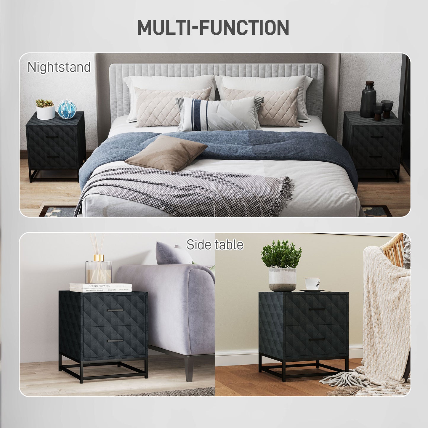 Bedside Tables Set of 2, Modern Bedside Table Nightstand with 2 Drawers, Bedside Cabinet Sofa Side Table with Storage