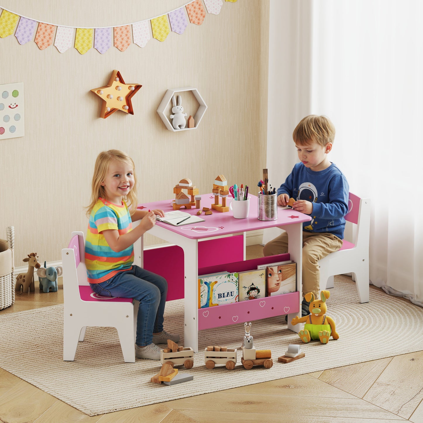 3 Pieces Kids Table and Chair Set, Toddler Activity Table with Bookshelves, for Living Room, Nursery, Playroom, Pink