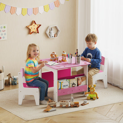 3 Pieces Kids Table and Chair Set, Toddler Activity Table with Bookshelves, for Living Room, Nursery, Playroom, Pink