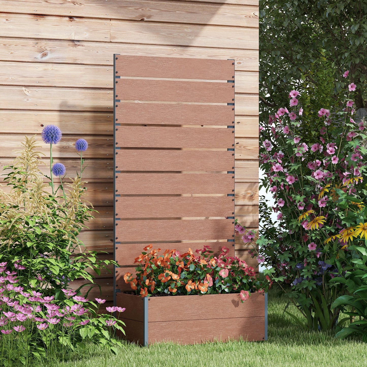 34 x 69.5cm Garden Planter Box, with Back Trellis, Brown