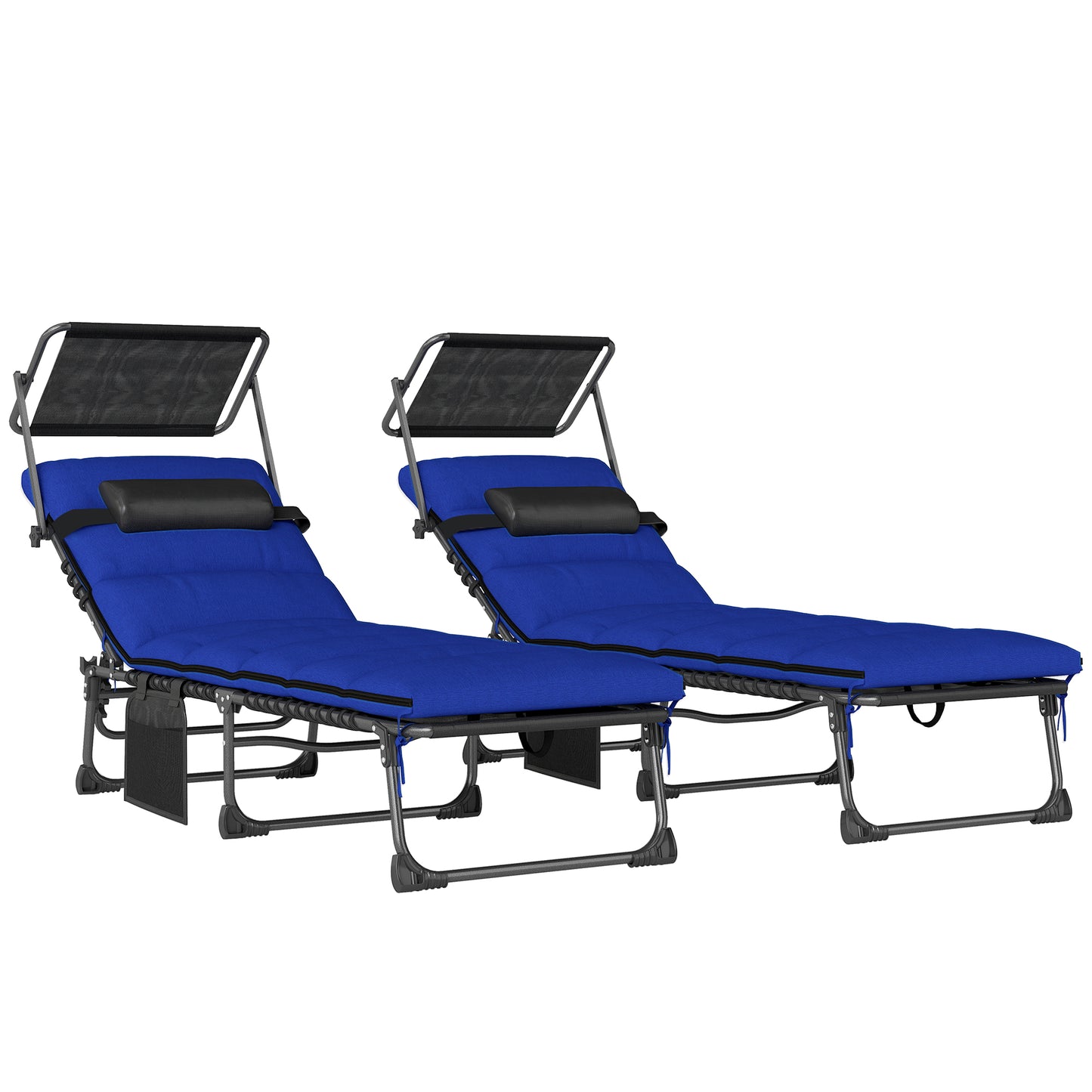 Folding Sun Loungers Set of 2 with Canopy, Reclining Sunbed with Cushion, Side Pocket, Carrying Handle, Dark Blue