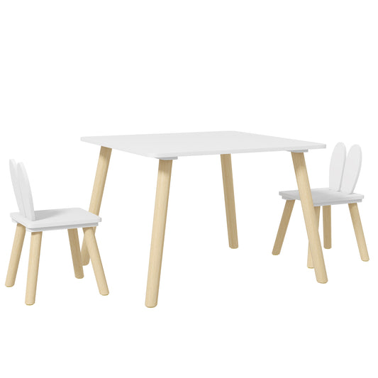 3 Pcs Toddler Table and Chair Set, Kids Desk and 2 Chairs Set w/ Bunny Ear Backrest, for Nursery, Playroom