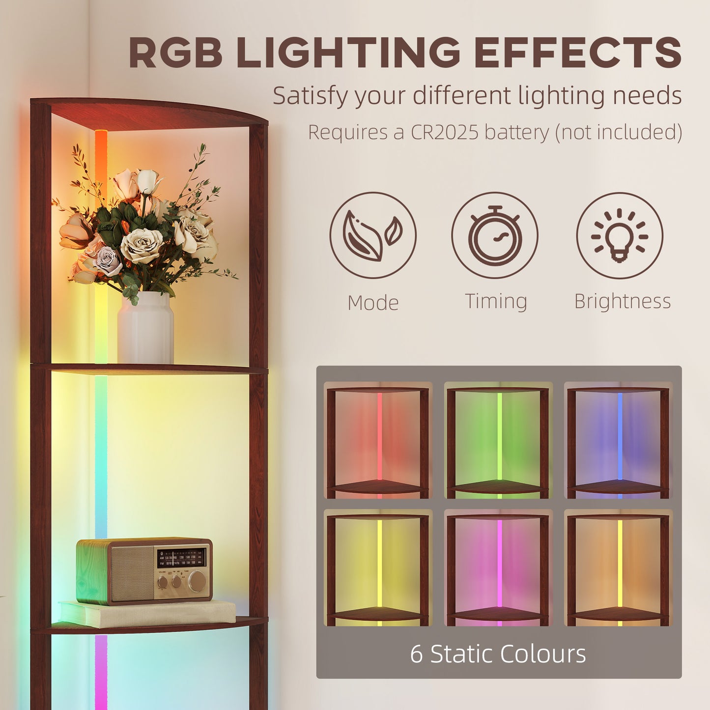 RGB Standing Lamp with Shelves, 4-Tier LED Floor Lamp with Multiple Lighting Modes, Brown