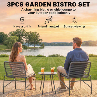 3 Piece Rattan Bistro Set, Outdoor Garden Furniture Set with 2 Chairs, Round Coffee Table for Patio, Balcony, Dark Grey