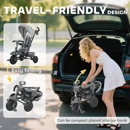 6 in 1 Foldable Kids Trike with Adjustable Parent Handle & Canopy for Ages 1-5, Grey