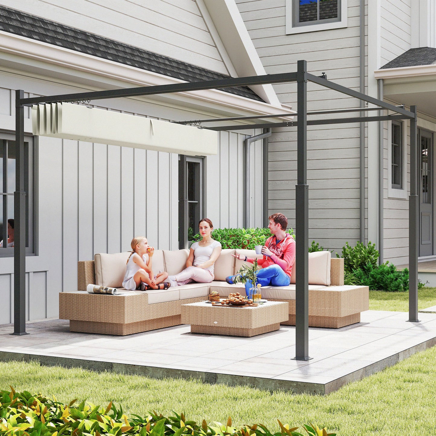 3 x 3(m) Metal Pergola with Retractable Roof and Magnetic Fixture, Outdoor Gazebo Garden Pergola Kit Sun Shade Canopy