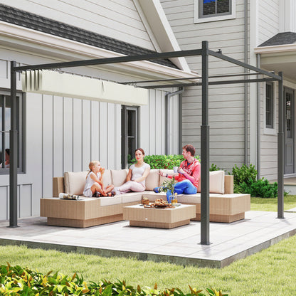 3 x 3(m) Metal Pergola with Retractable Roof and Magnetic Fixture, Outdoor Gazebo Garden Pergola Kit Sun Shade Canopy