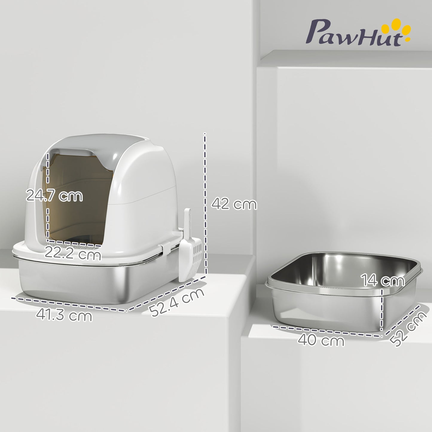 Stainless Steel Cat Litter Box with Lid, for Cats, Enclosed Cat Litter Box with Flip Cover, Scoop