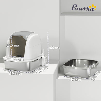 Stainless Steel Cat Litter Box with Lid, for Cats, Enclosed Cat Litter Box with Flip Cover, Scoop