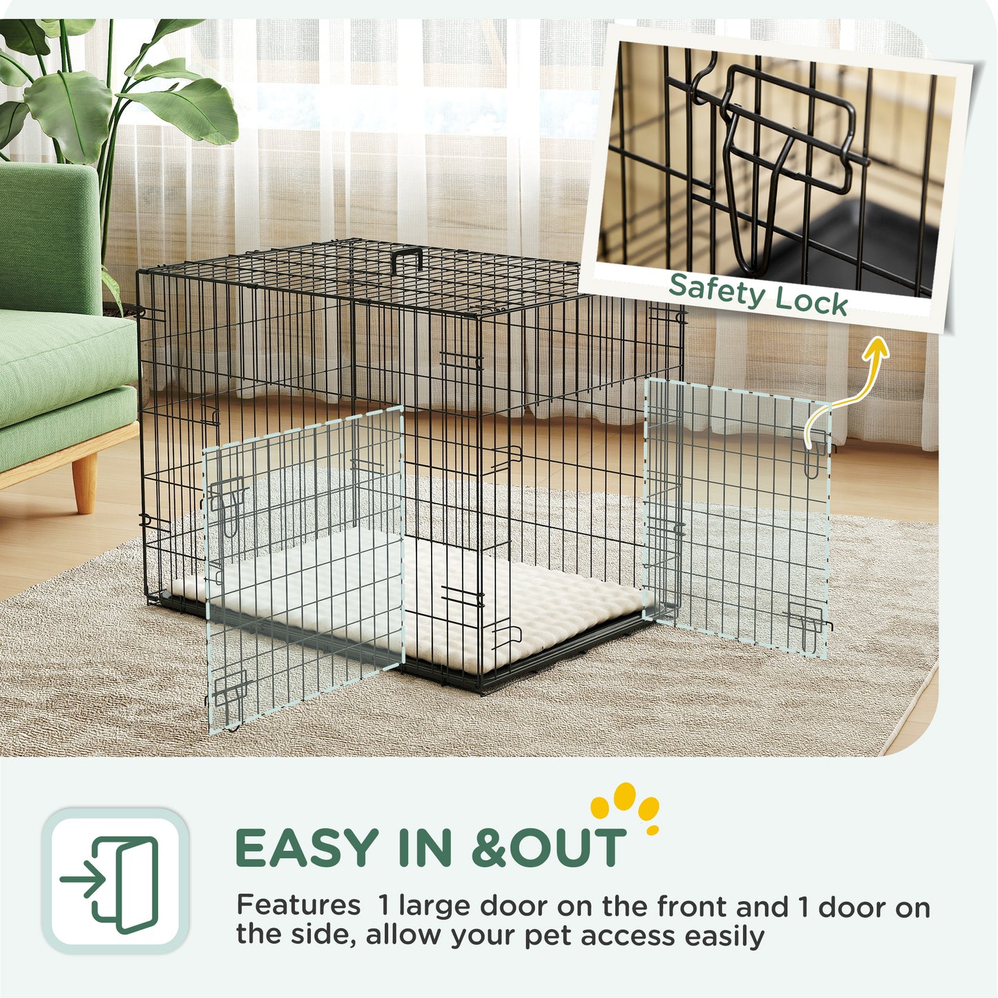 Foldable Dog Crate with 2 Doors with Tray, Soft Cushion, for Small Dogs, 75 x 49 x 53 cm, Black