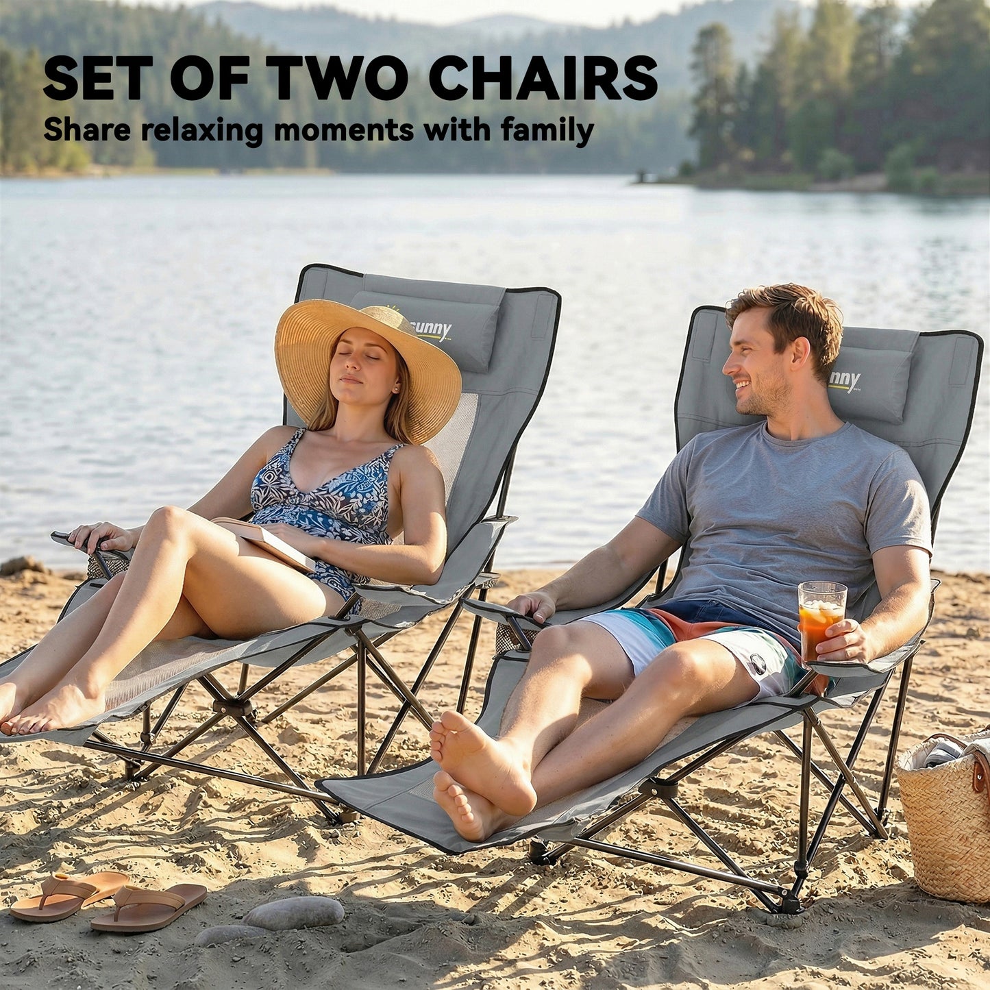 Camping Chair Reclining Portable Camp Chair with Detachable Footrest Cup Holder Grey