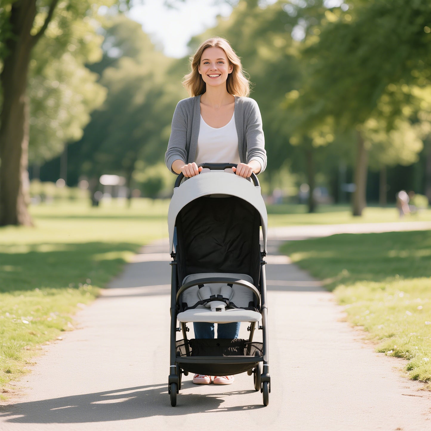 Travel Stroller, Lightweight Pushchair, Compact Buggy with Canopy, Basket and Multi-Position Recline, Light Grey