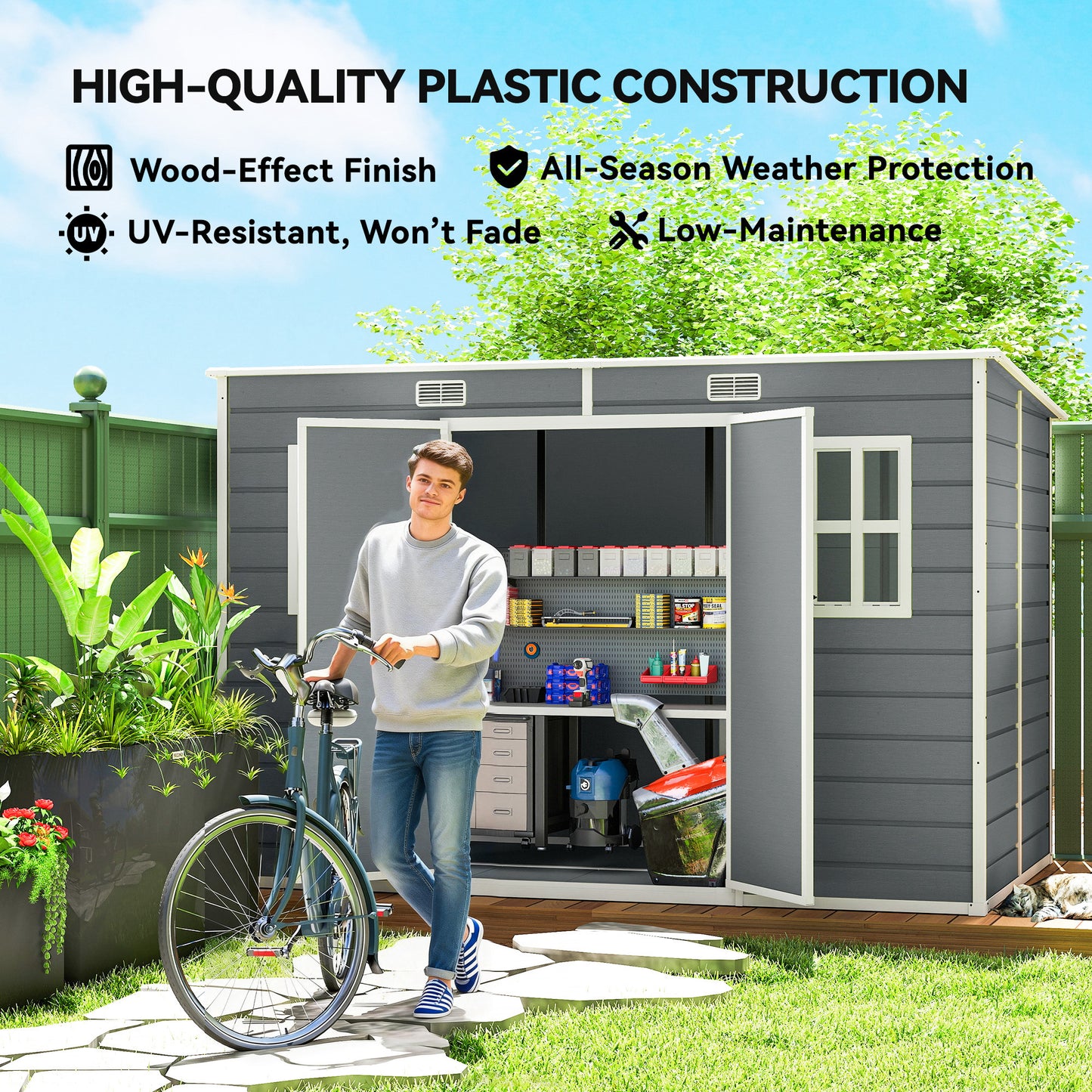 10 x 6 ft Resin Garden Shed, Outdoor Storage Shed with Floor, Windows, Lockable Doors and Vents, Grey