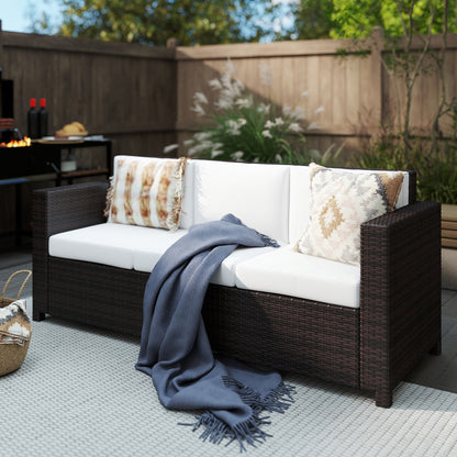3 Seater Rattan Sofa, All-Weather Wicker Weave Metal Frame Chair with Fire Resistant Cushion, Brown