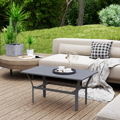 Metal Garden Coffee Table, Rectangular Outdoor Side Table with Slatted Tabletop, Foot Pads for Outside, Garden, Balcony