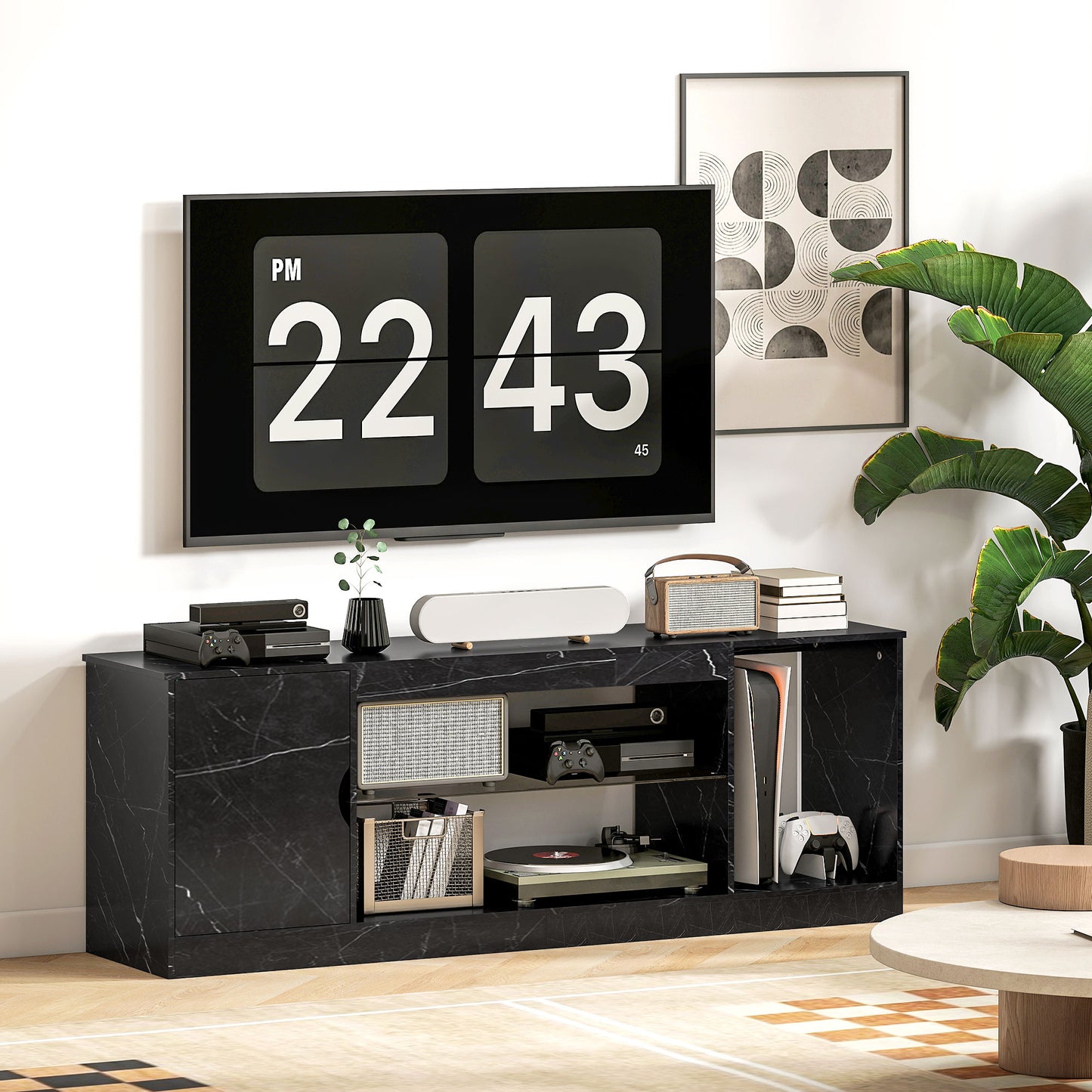 TV Stand Cabinet, Marble Effect TV Unit for up to 55" TVs with Glass Shelf and Storage Cabinet