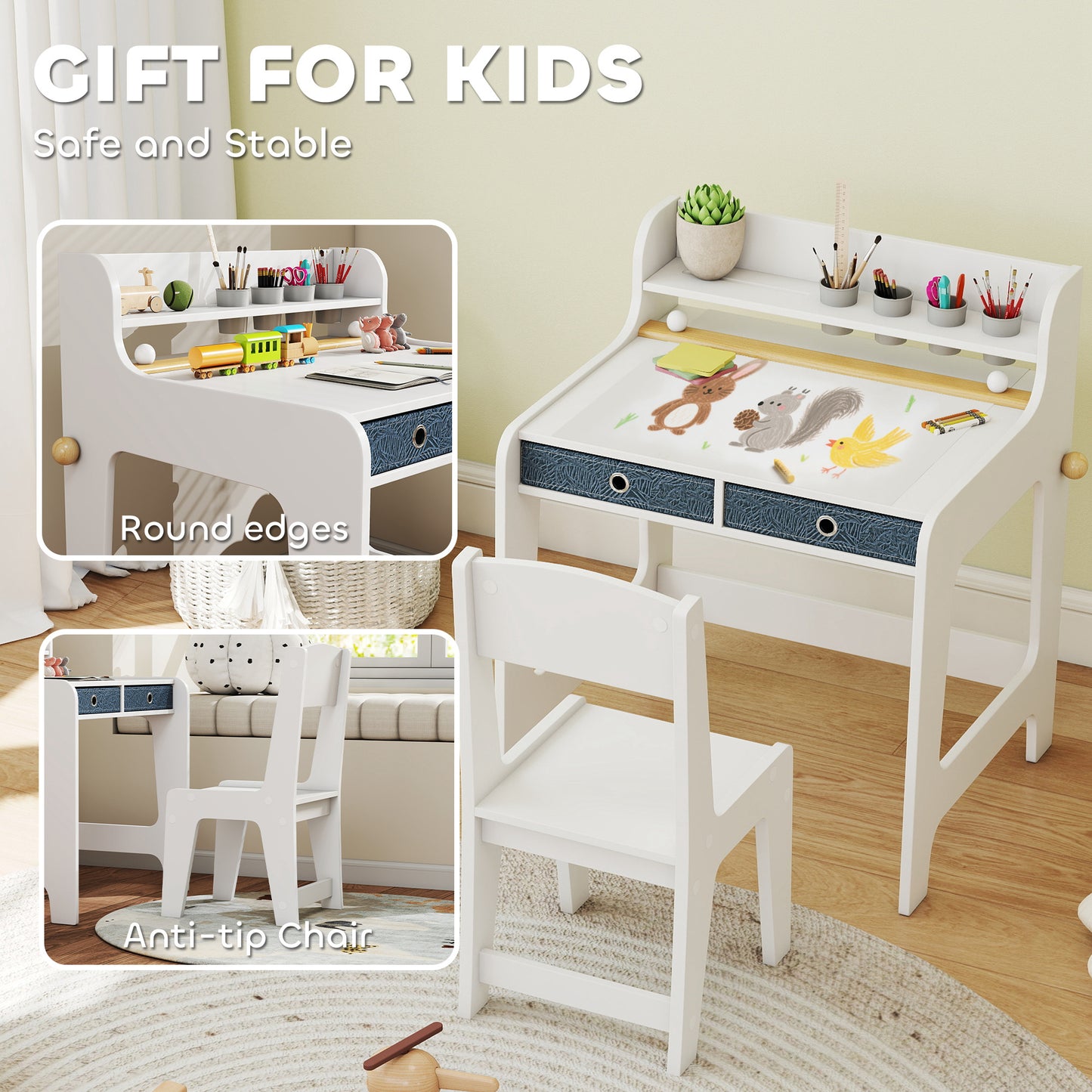 Art Table and Chair Set for children, Kids Art Desk and Chair Set with Storage Shelf and Drawers