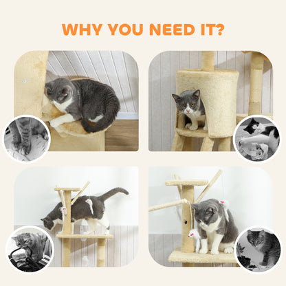 Multi-Level Cat Tower, 134cm Cat Tree with Condo and Sisal Scratching Posts for Indoor Kittens, Beige