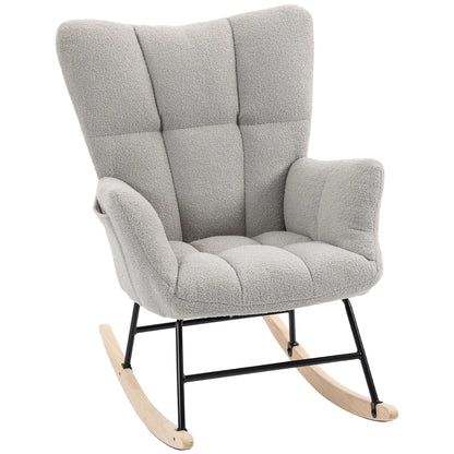 Rocking Chair, Teddy Fleece Rocker Chair with Tufted Wingback, Side Pockets, Rubber Wood Legs, Light Grey