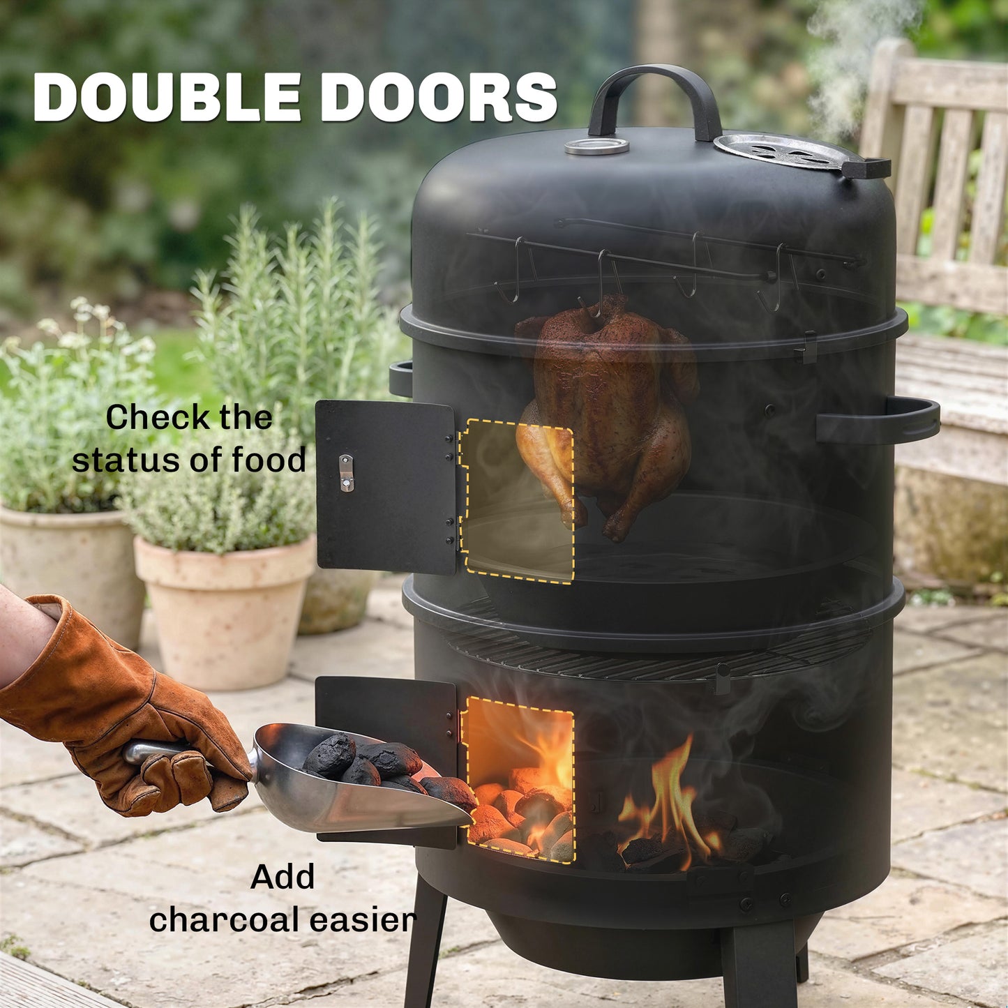 3-in-1 Vertical Charcoal Smoker with 2 Grill Grates, Built-in Thermometer, Adjustable Vent, 2 Doors