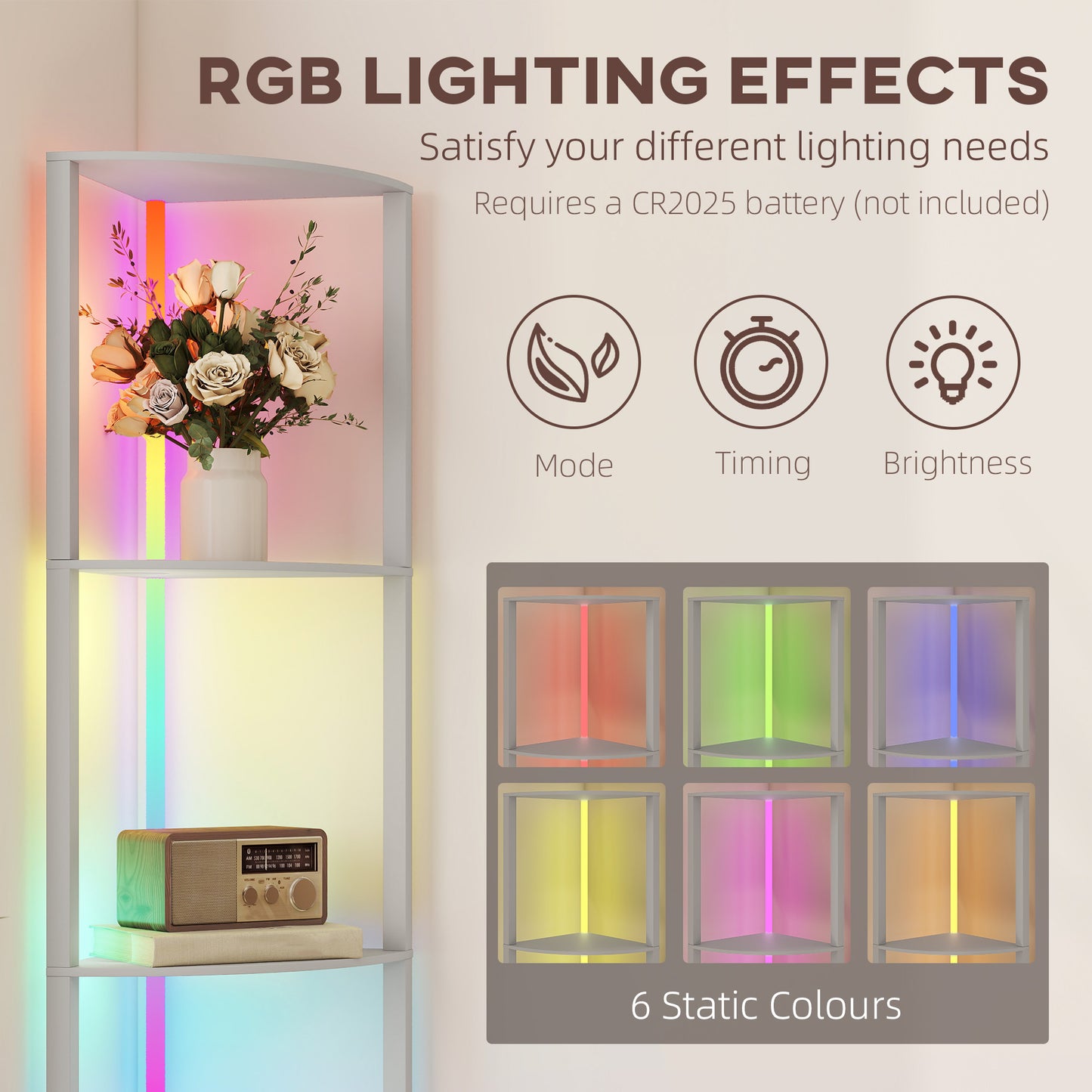RGB LED Floor Lamp with Shelves, 4-Tier Dimmable Standing Lamp with Adjustable Brightness and Remote Control