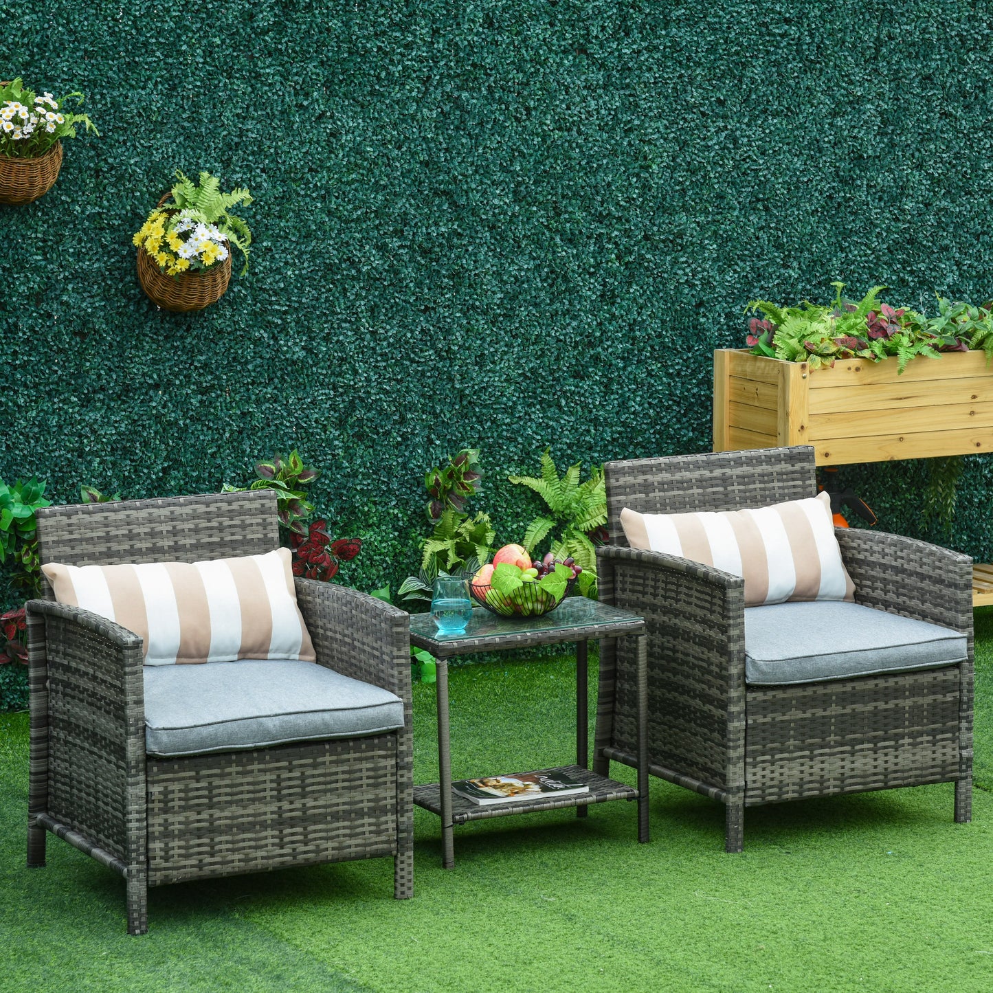 3 Pieces Rattan Bistro Set, Wicker Garden Furniture Set, Glass Top 2-tier Coffee Table and Chairs Set