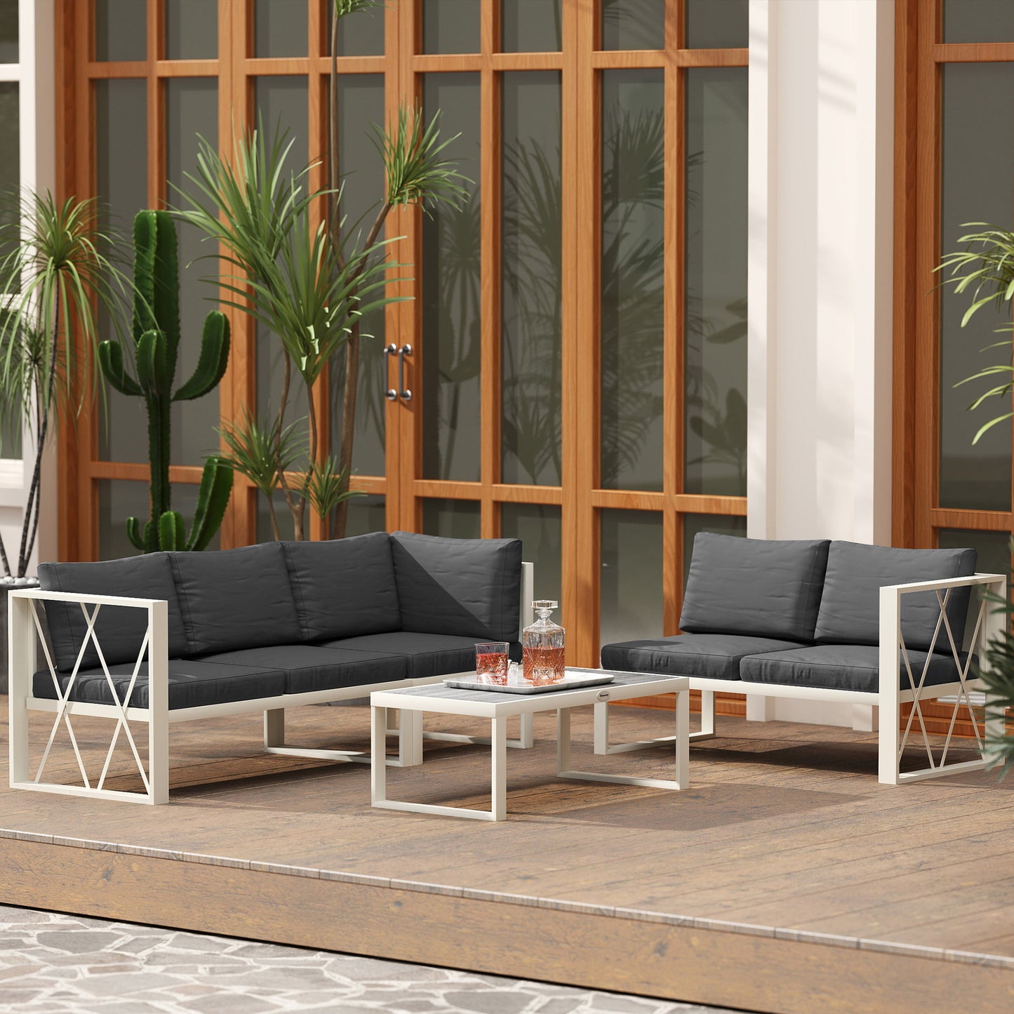 Four-Piece L Shaped Garden Furniture Set with 5-Level Adjustable Lounger - Grey