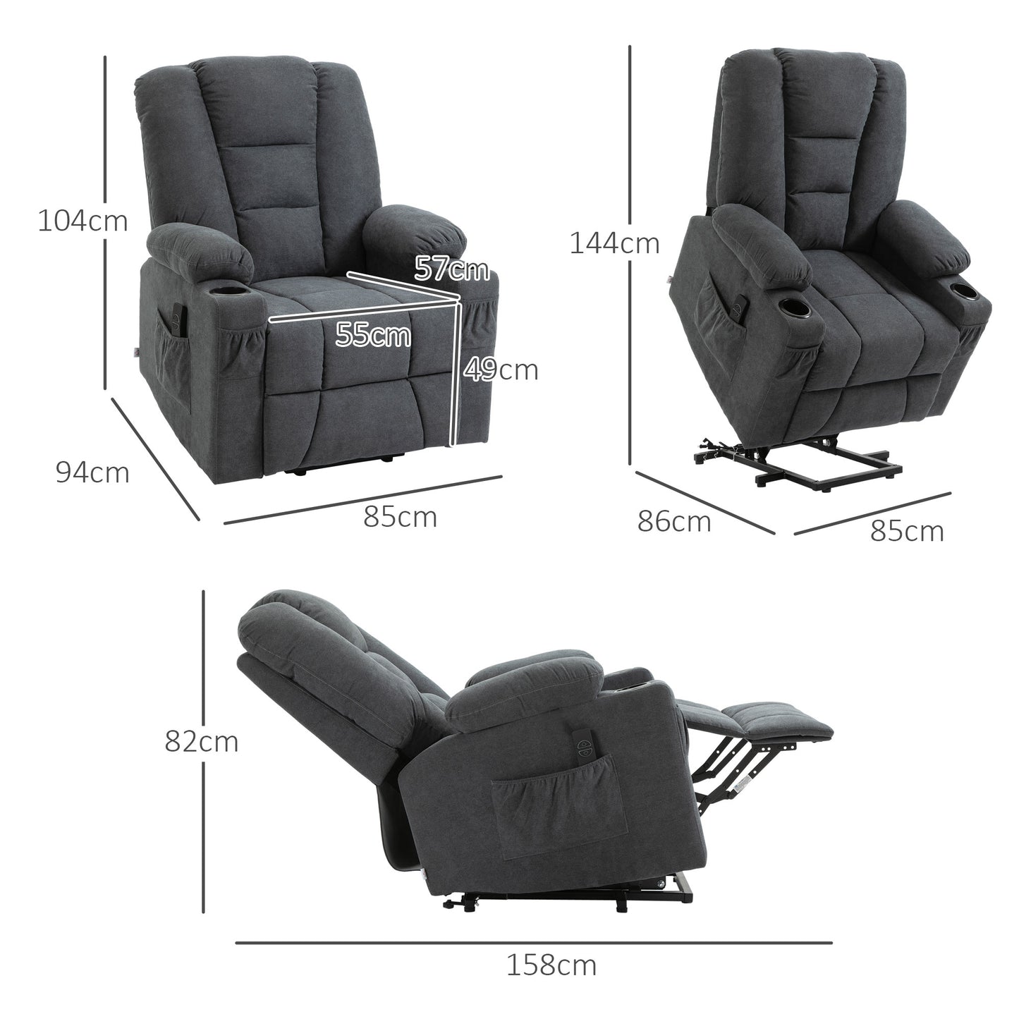 Electric Riser Recliner Armchair， Oversized Chair with Cup Holder & Side Pockets for Elderly in Living Room, Charcoal Grey