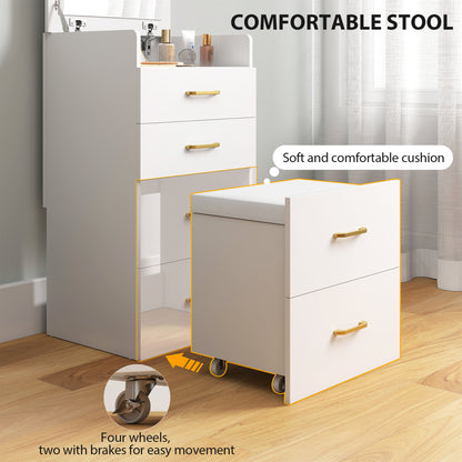 Compact Dressing Table and Stool Set, with Storage - White