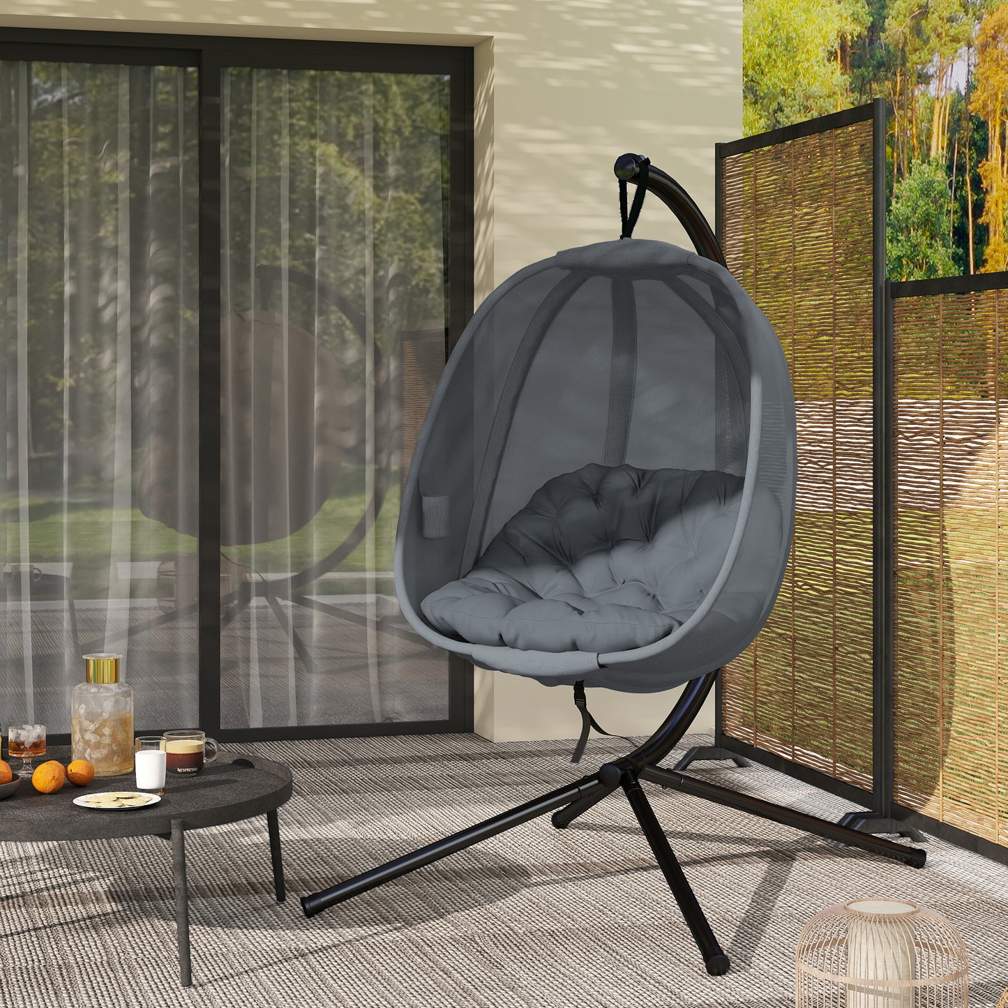 Hanging Egg Chair, Folding Texteline Swing Hammock with Side Pocket, Cushion and Stand for Indoor Outdoor