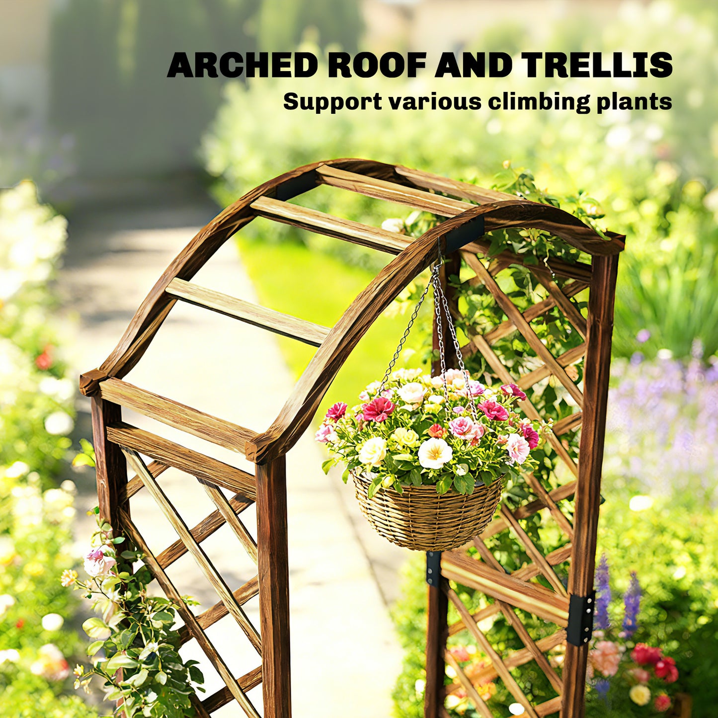 Wooden Garden Arch with 2 Planter Boxes, Outdoor Rose Arch Trellis for Climbing Vines, Carbonised