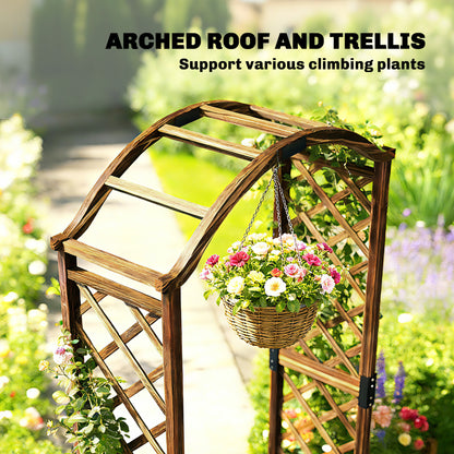 Wooden Garden Arch with 2 Planter Boxes, Outdoor Rose Arch Trellis for Climbing Vines, Carbonised