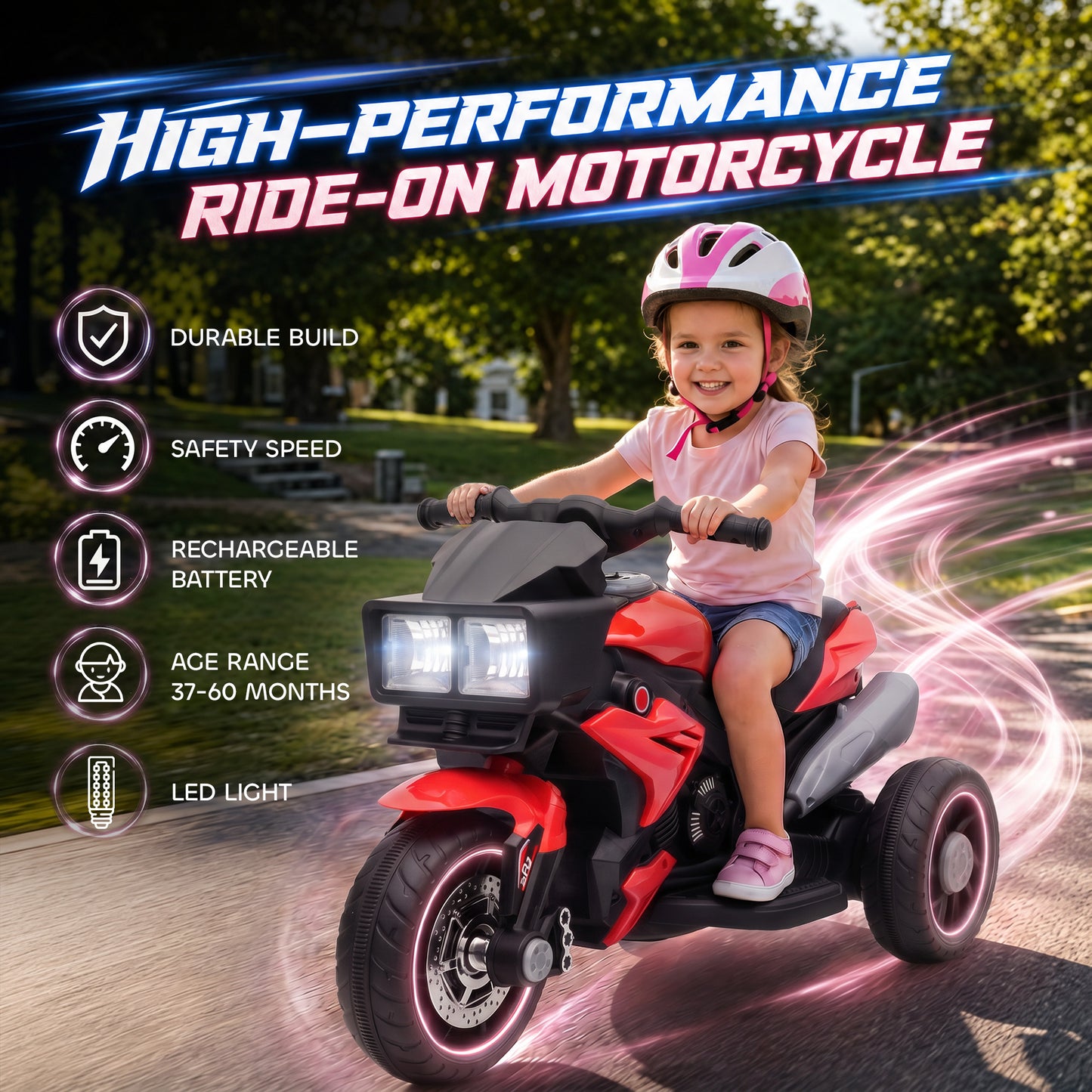Kids Electric Motorcycle Ride-On Toy, 3-Wheel Battery-Operated Motorbike with Horn, Toddler Ride On Bike, Red