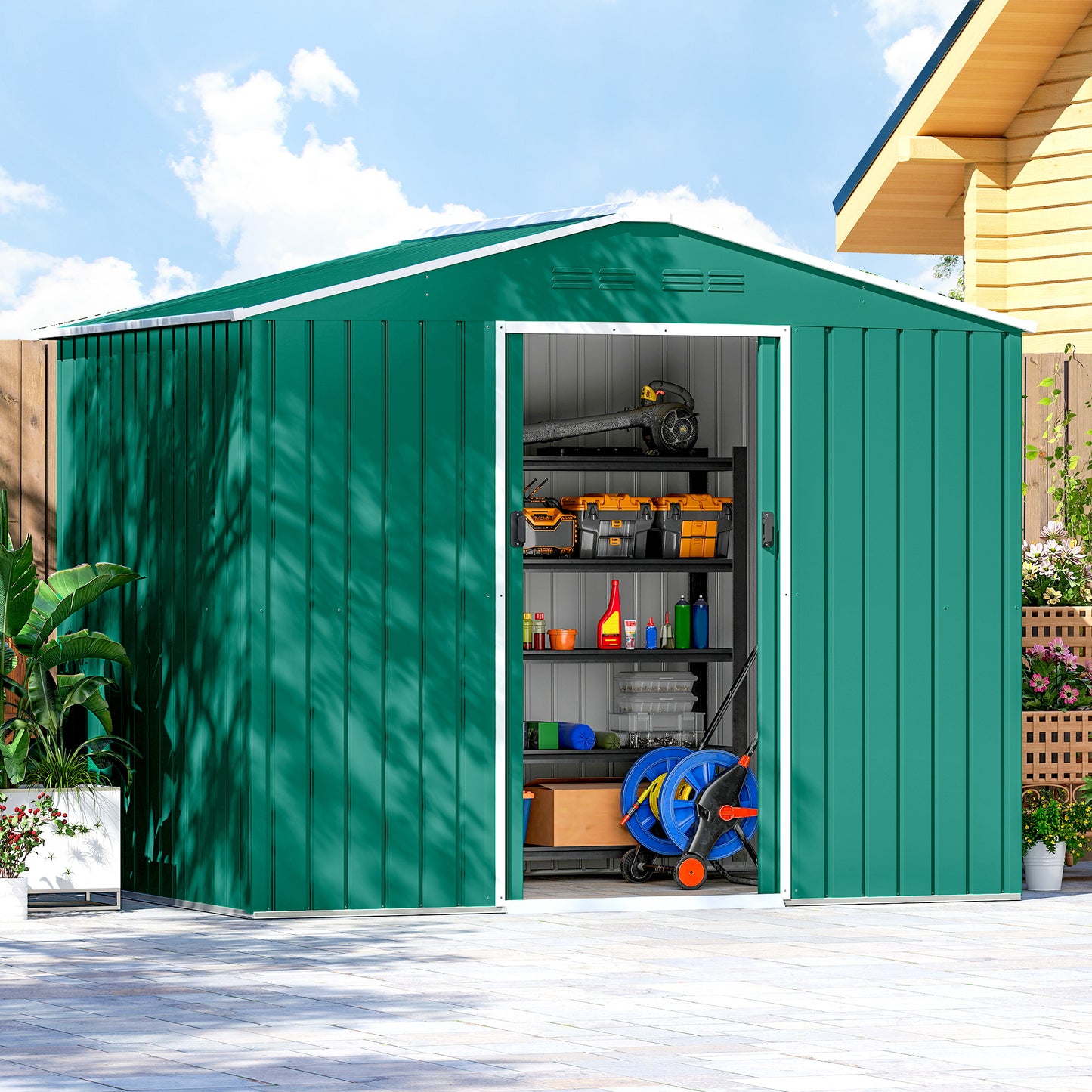 8 x 6ft Galvanised Steel Shed, with Double Door - Green