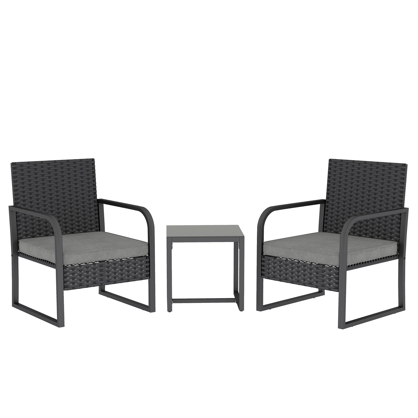 Rattan Bistro Set, 3 Piece Garden Furniture Set with Cushions and Glass Top Table, Black