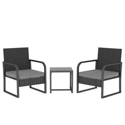 Rattan Bistro Set, 3 Piece Garden Furniture Set with Cushions and Glass Top Table, Black