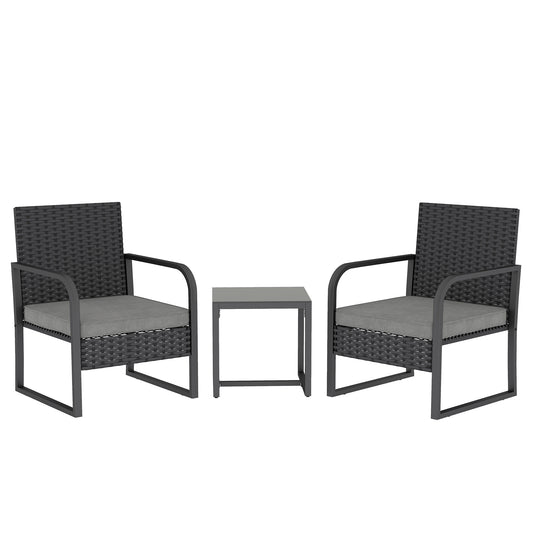 Rattan Bistro Set, 3 Piece Garden Furniture Set with Cushions and Glass Top Table, Black