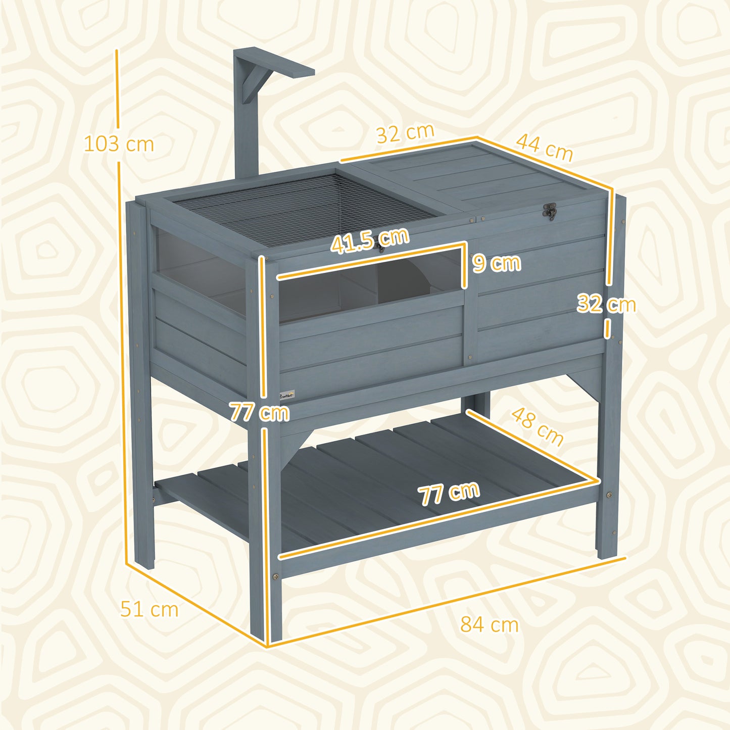 Wooden Tortoise House, with Shelter, Run, Shelf, Lamp Holder, Tray, Grey