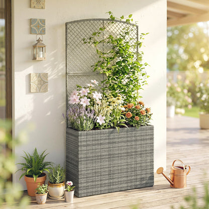 Rattan Planter with Trellis, Raised Beds for Garden with Liner for Climbing Plants Vegetables Flowers, Dark Grey
