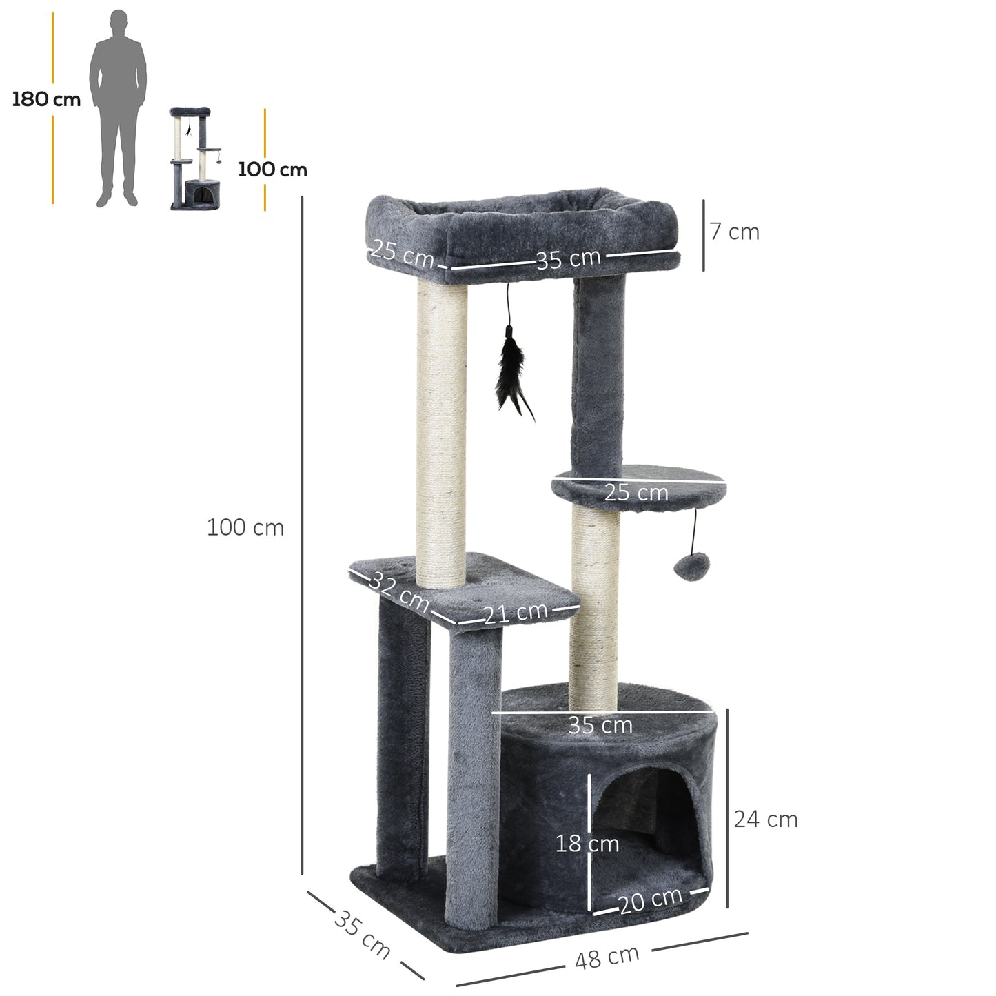 100cm Cat Tree for Indoor Cats, Cat Tower Condo for Kittens with Cat House Sisal Scratching Posts, Hanging Ball Toys
