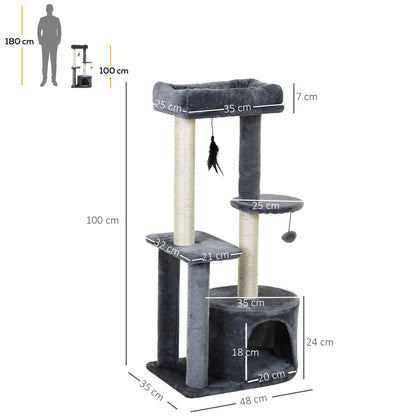 100cm Cat Tree for Indoor Cats, Cat Tower Condo for Kittens with Cat House Sisal Scratching Posts, Hanging Ball Toys