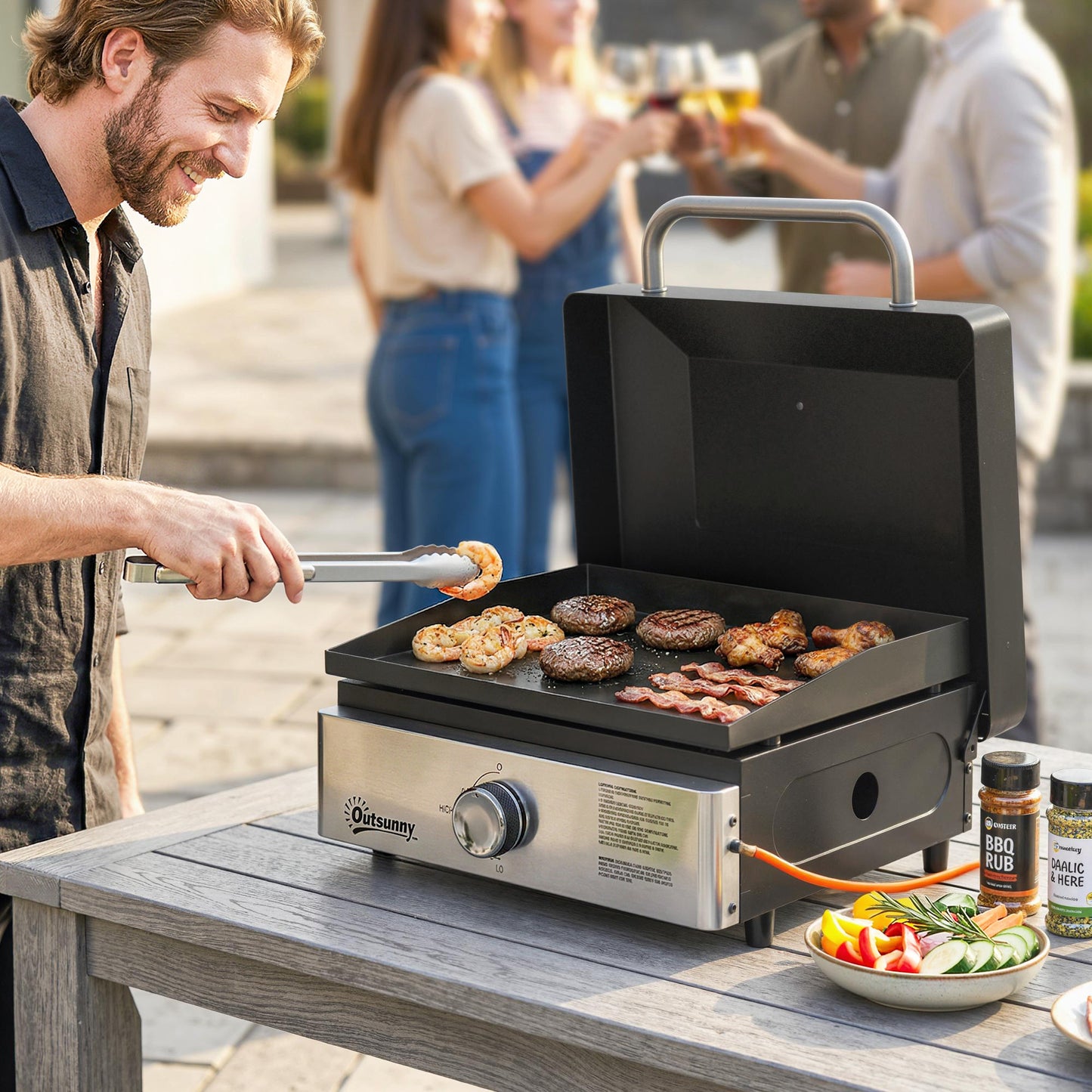 Grill Griddle, Portable Gas Plancha, 3.5 kW, Tabletop Gas BBQ with Grease Cup for Camping Picnic Patios, Black