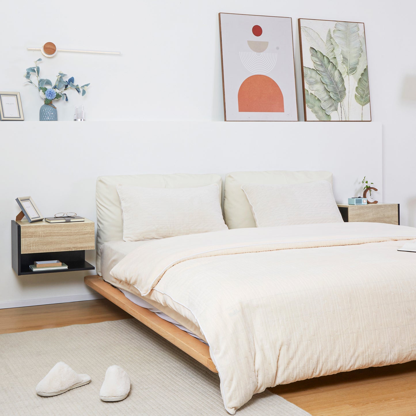 Floating Bedside Table Set of 2, Wall Mounted Bedside Cabinet with Drawer and Open Shelf, Modern Nightstand for Bedroom