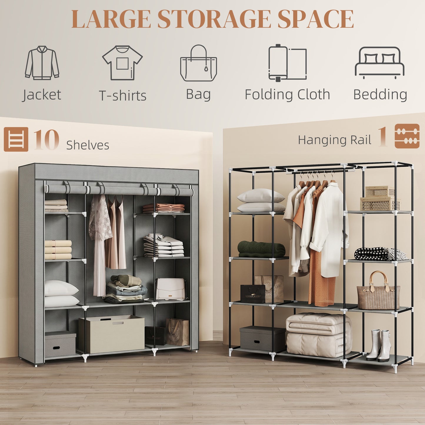 Clothes Storage Organiser with Hanging Rail, Shelves, Portable Wardrobe, Foldable Fabric Wardrobe, Light Grey