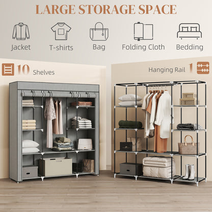 Clothes Storage Organiser with Hanging Rail, Shelves, Portable Wardrobe, Foldable Fabric Wardrobe, Light Grey