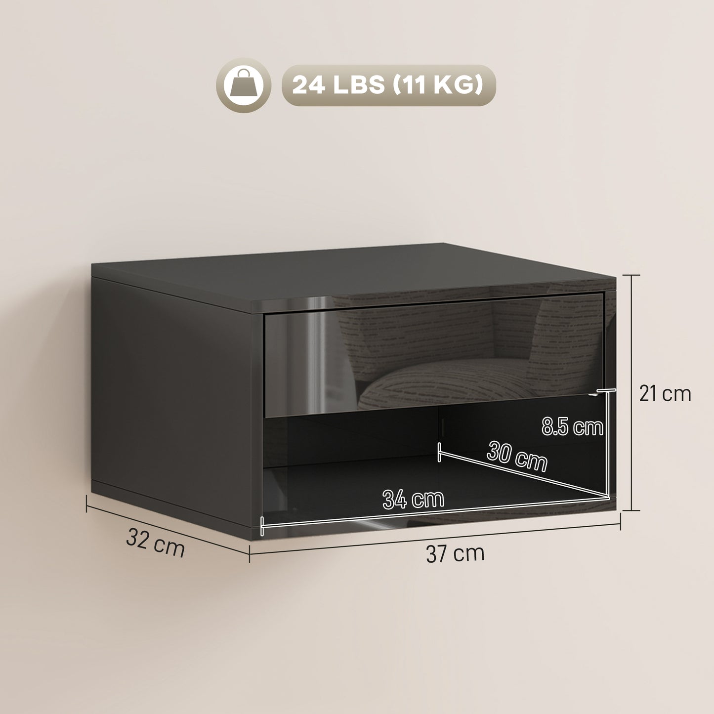 Floating Bedside Tables Set of 2, Wall Mounted Nightstand, High Gloss Black