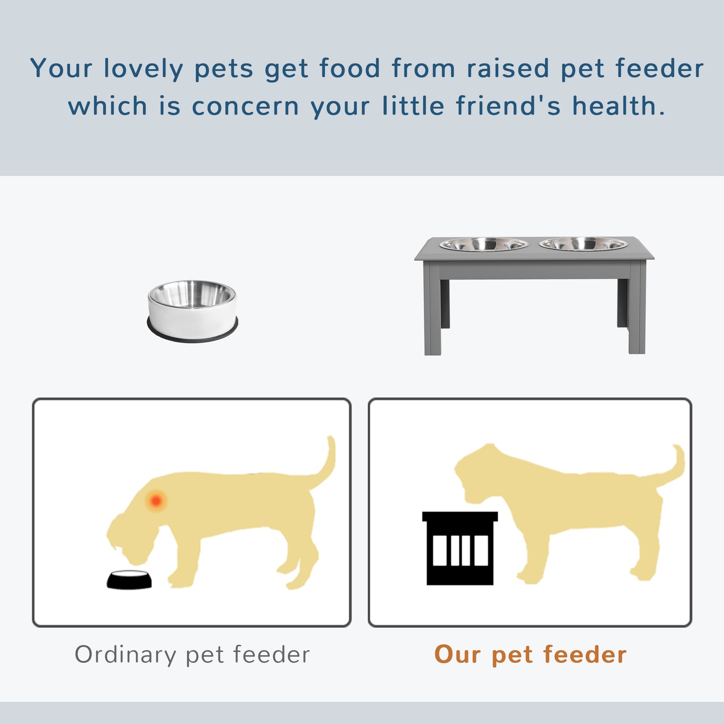 Raised Dog Feeding Bowls with Stand, Stainless Steel for Medium Dog, 58L x 31W x 25H cm - Grey