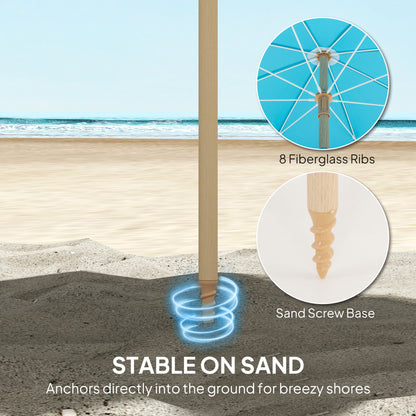 1.7 m Beach Umbrella with Sand Anchor, 30° Tilting Fringed Beach Garden Parasol with Adjustable Height, Grey